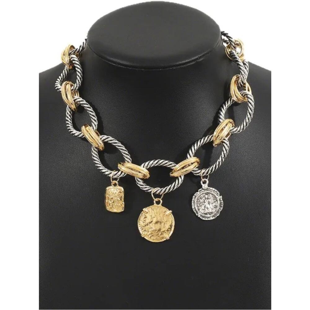 Zara Stainless Steel Two Tone Coin Statement Necklace Chunky Vintage Luxe Boho - Picture 7 of 15